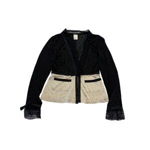 TOMASO Italy Black Ivory Lace Trim V-Neck Cardigan Blouse Women's 42